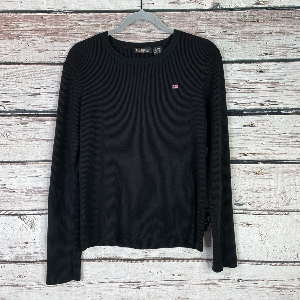 Vintage Polo Jeans Company Ralph Lauren Black Ribbed Sweater Flag Logo Womens XL